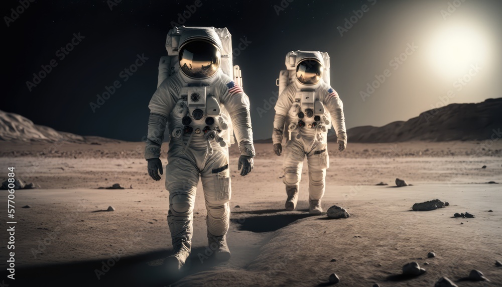 Astronauts walking on the moon surface watching earth made with
