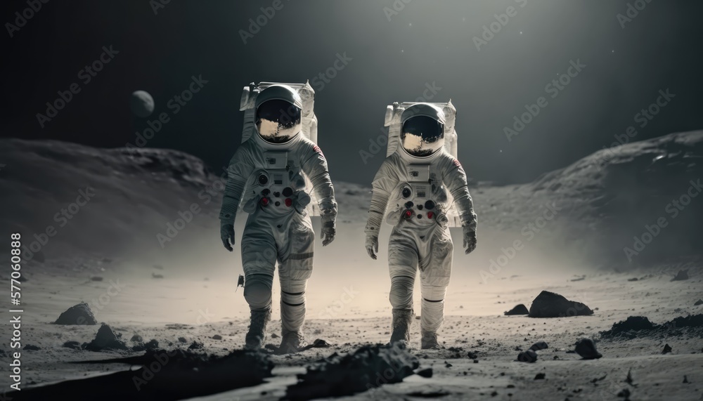 Astronauts walking on the moon surface watching earth made with