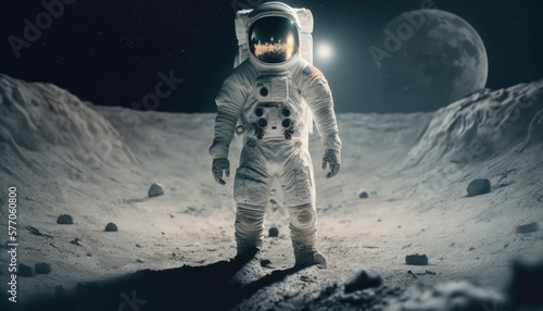 Astronauts walking on the moon surface watching earth, made with generative ai