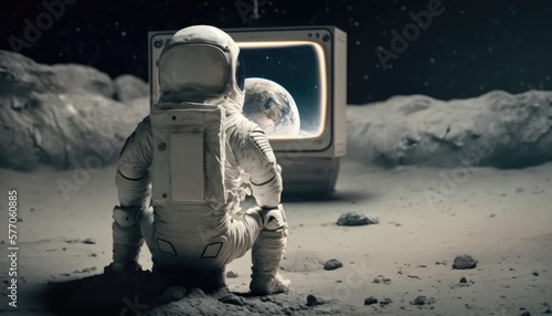 Astronaut watching tv on the moon surface, made with generative ai