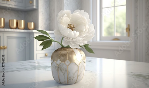  a white flower in a gold vase on a counter top.  generative ai