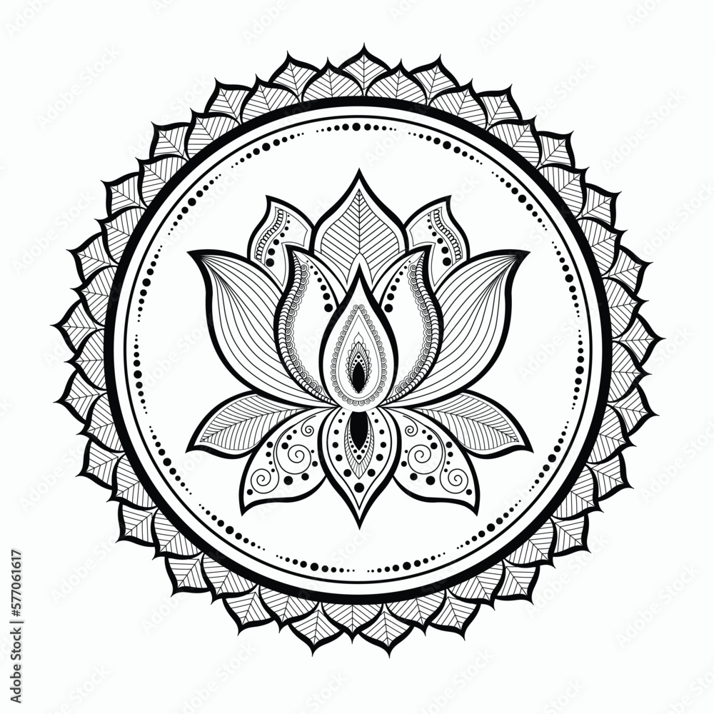 Lotus flower mandala art for Henna, Mehndi, tattoo, decoration. Decorative ornament in ethnic oriental style. Outline doodle hand draw. Vector illustration.