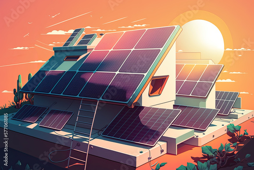 Cartoon illustraton of solar panels on rooftops. Blue sky and bright sun on the background. Generative AI
