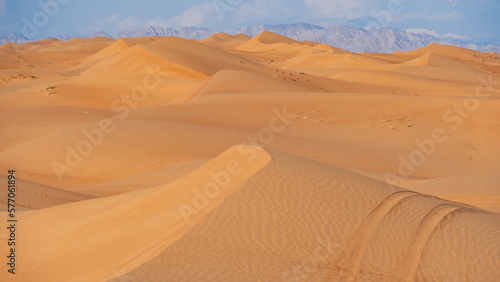 Dünen mit Reifenspuren in der Wahiba Sands Wüste (Oman)