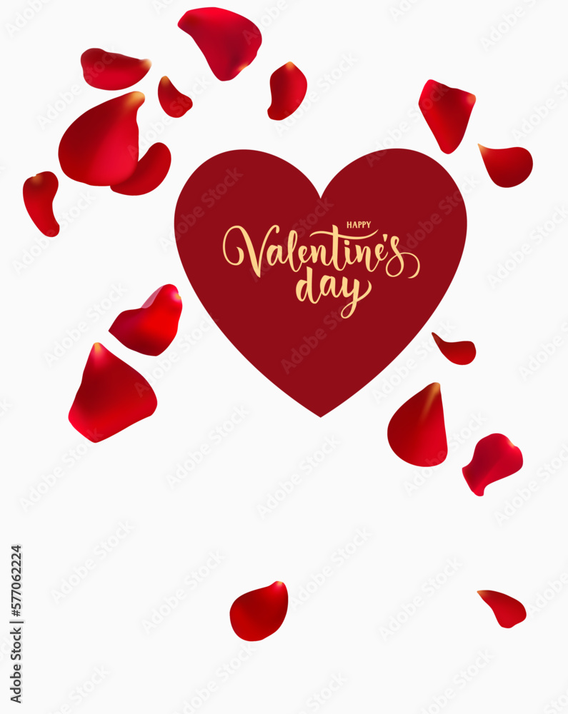 Decorative heart with greeting lettering text happy Valentine's day and falling rose petals. Wedding design template. Vector stock illustration