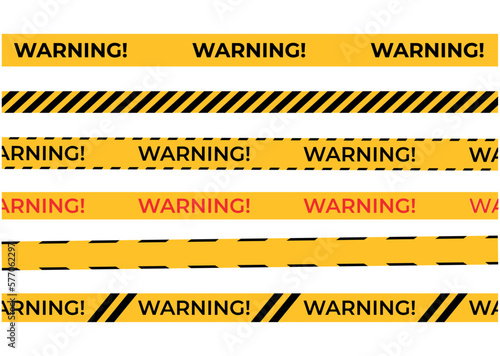 A row of caution tapes with the words warning Warning tapes set for construction and crime