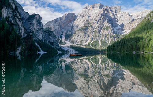Braies Lake, Dolomites, Trentino Alto Adige, Italy. Mountain forest in background. The lake is surrounded by forest.