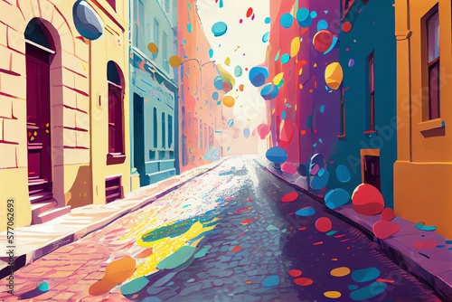Colorful Confetti On The Street, Art Illustration. Generative AI photo