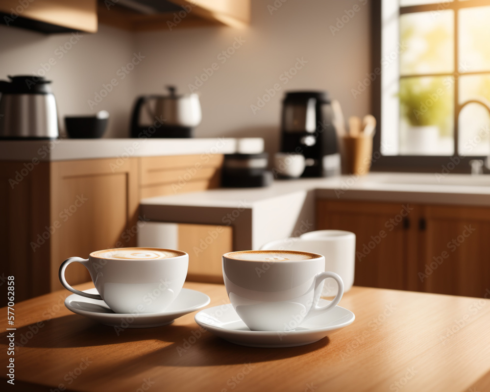 fresh coffee in a cozy sunny spring kitchen interior, created using generative AI tools fresh coffee in a cozy sunny spring kitchen interior, created using generative AI tools