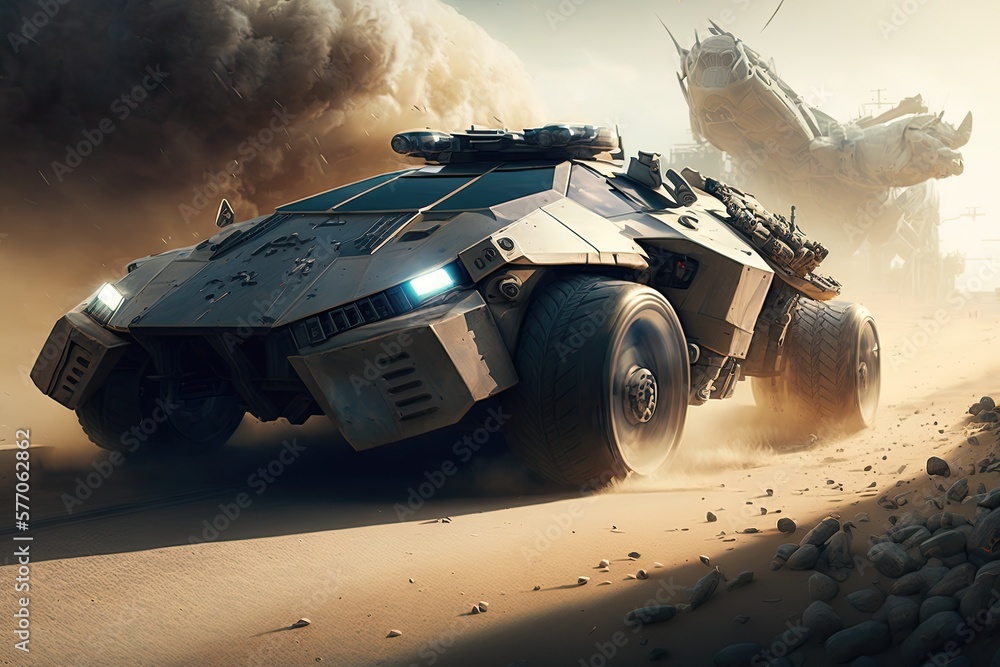 Obraz premium High-tech car with weapons and armor speeding away from danger. Generative AI