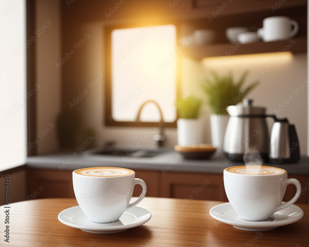 Obraz premium fresh coffee in a cozy sunny spring kitchen interior, created using generative AI tools