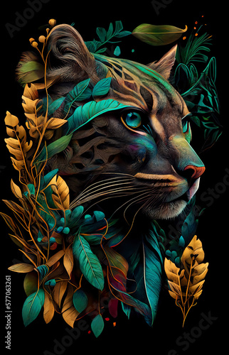Beautiful graphics with a wild cat for a t-shirt or cover. ai generative
