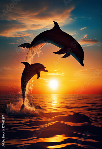 Pair of dolphins swim in the ocean at sunset. AI generated ©  iiulia