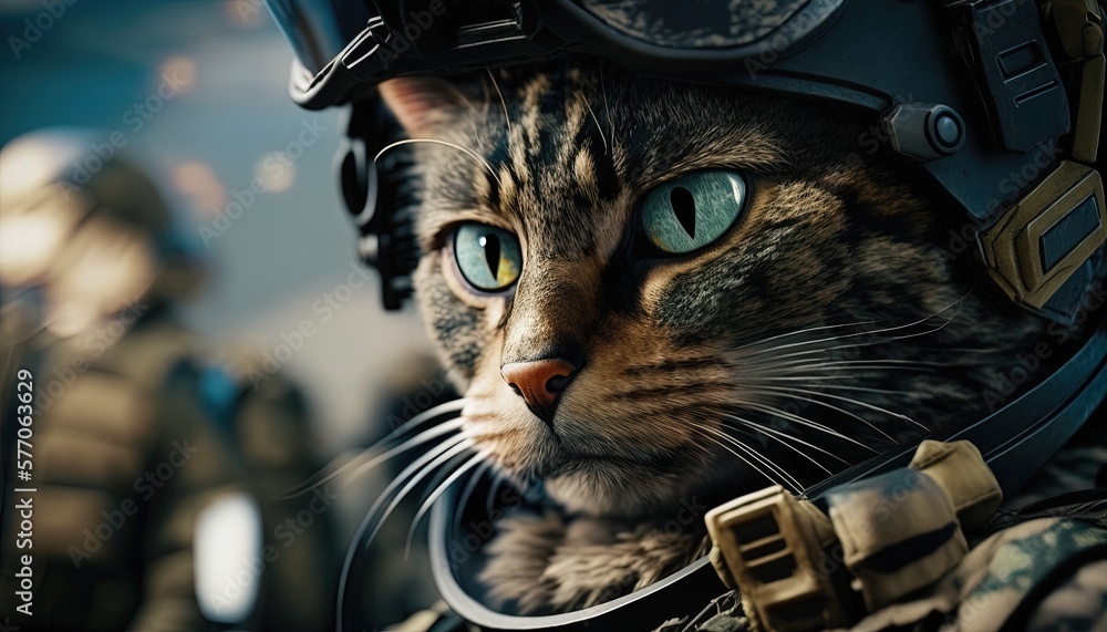 realistic animal in army suit, cat army black ops by ai generative