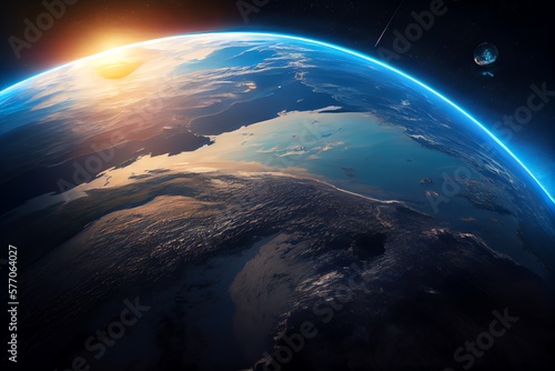 Curvature Of Planet Earth. Aerial View Of Blue Planet From Space. Sunrise Over Globe Land And Ocean. Generative AI