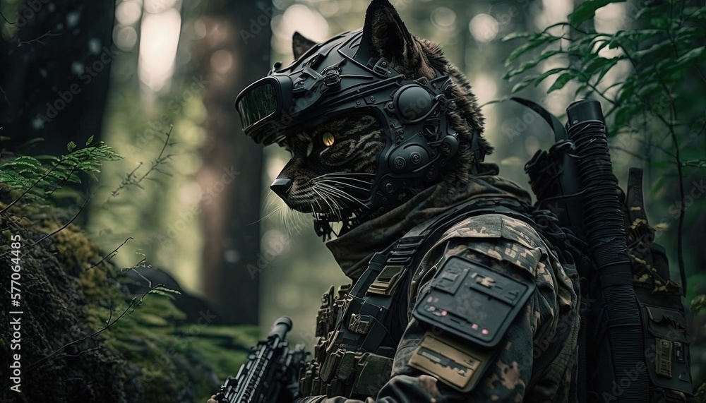 realistic animal in army suit, cat army black ops by ai generative