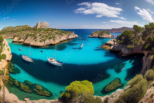 Panorama Of Mallorca, A Lovely Bay With Opulent Yachts Off The Santa Ponsa Coast In The Balearic Islands Mediterranean Sea. Generative AI photo