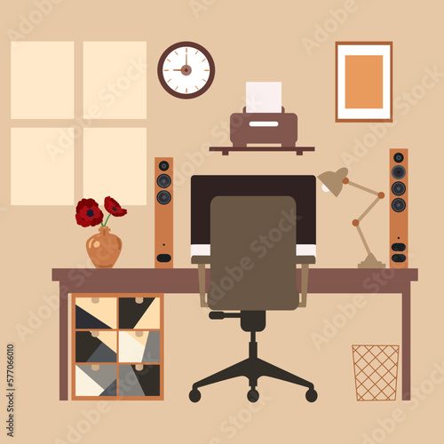 Free vector modern home office interior design in yellow color flat style