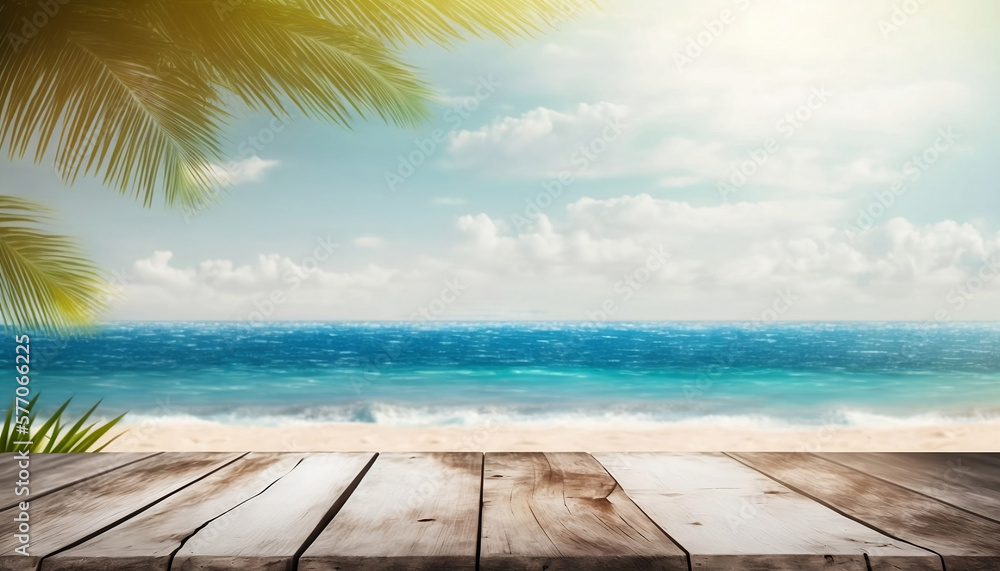 Fototapeta premium Bright colorful tropical background with seascape and palm leaves. Empty wooden table for your text or products. AI