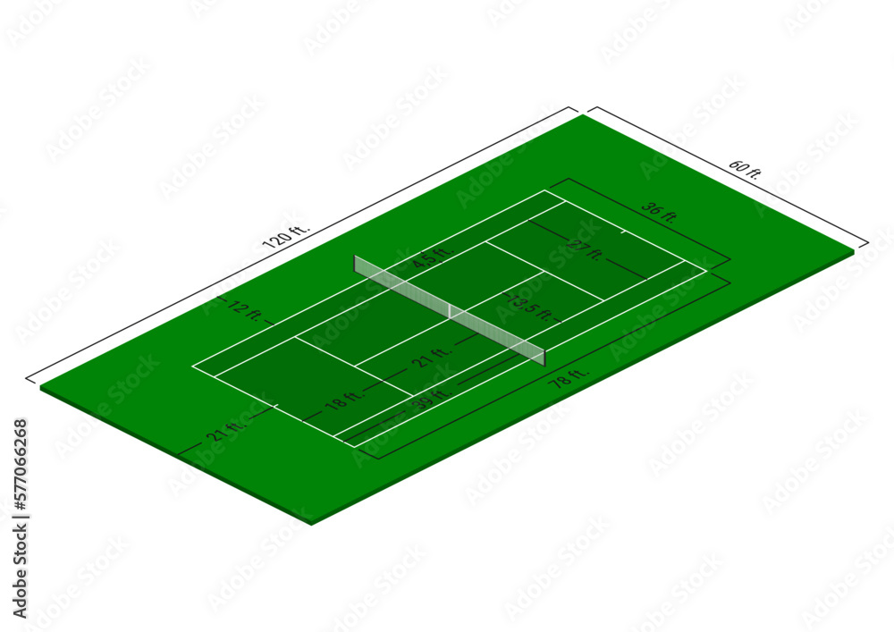 Tennis court dimensions diagram in feet. Isometric view of standard