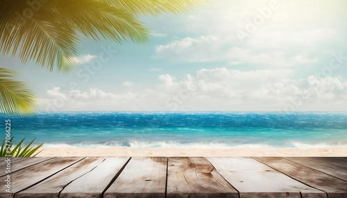 Bright colorful tropical background with seascape and palm leaves. Empty wooden table for your text or products. AI