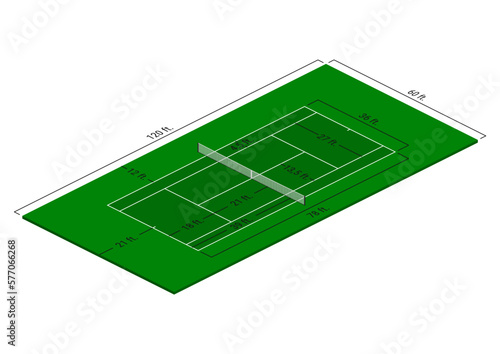 Tennis court dimensions diagram in feet. Isometric view of standard size tennis court. Vector.