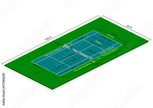 Tennis court dimensions diagram in feet. Isometric view of standard size tennis court. Vector.