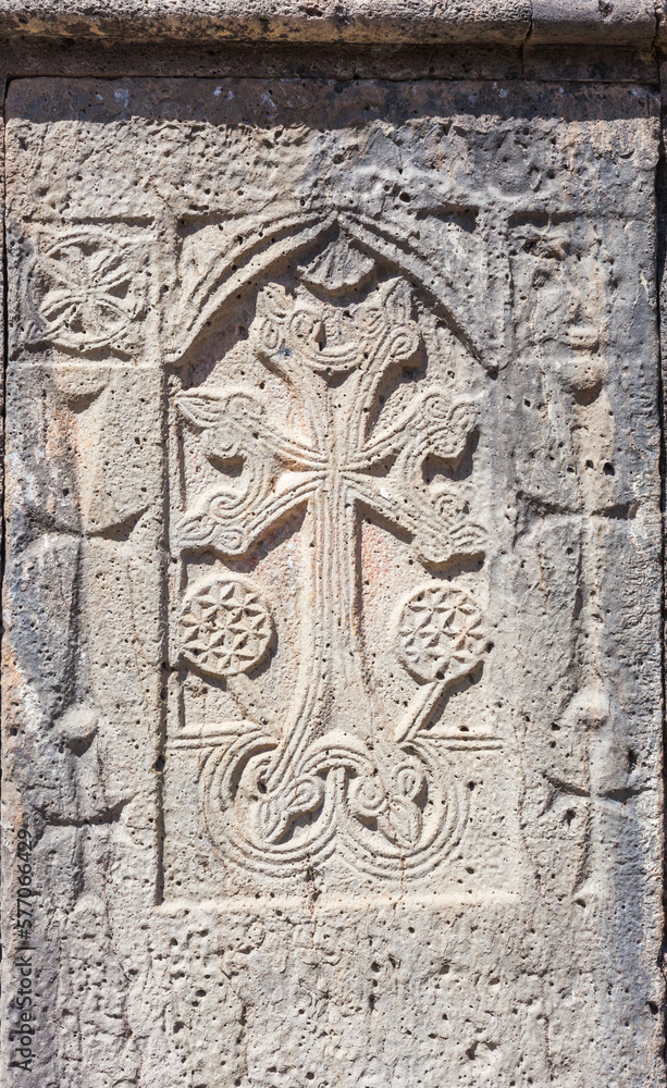 Ancient stone khachkar in Tatev monastery in Armenia