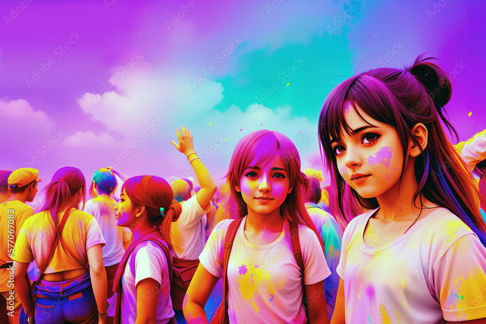 Cute little girls at holi festival. AI genarative portrait of a child, festival of colours concept Cute little girls at holi festival. AI genarative portrait of a child, festival of colours concept