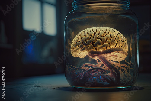 AI brain in a jar, Cinematic, cinematic, ai, brain, jar, artificial intelligence, machine learning, robotics, futuristic, sci-fi, high-tech, innovation, technology, neural network, cognitive computing