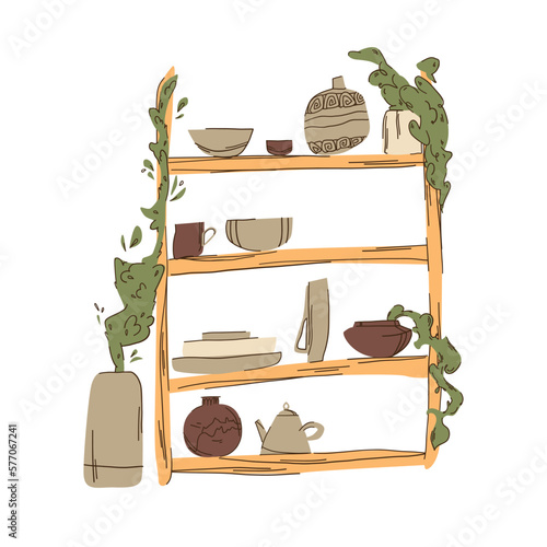 Illustration of a wooden shelf surrounded by plants in ceramic pots, ceramic products, workshop