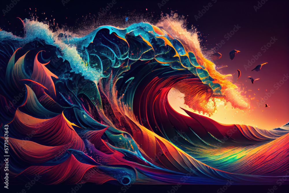 Surfing colored ocean wave falling down at sunset time Surfing colored ocean wave falling down at sunset time