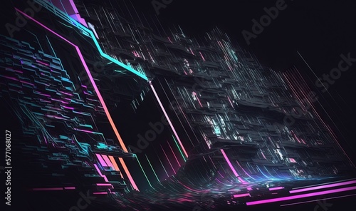  an abstract image of a futuristic city with neon lights and lines.  generative ai