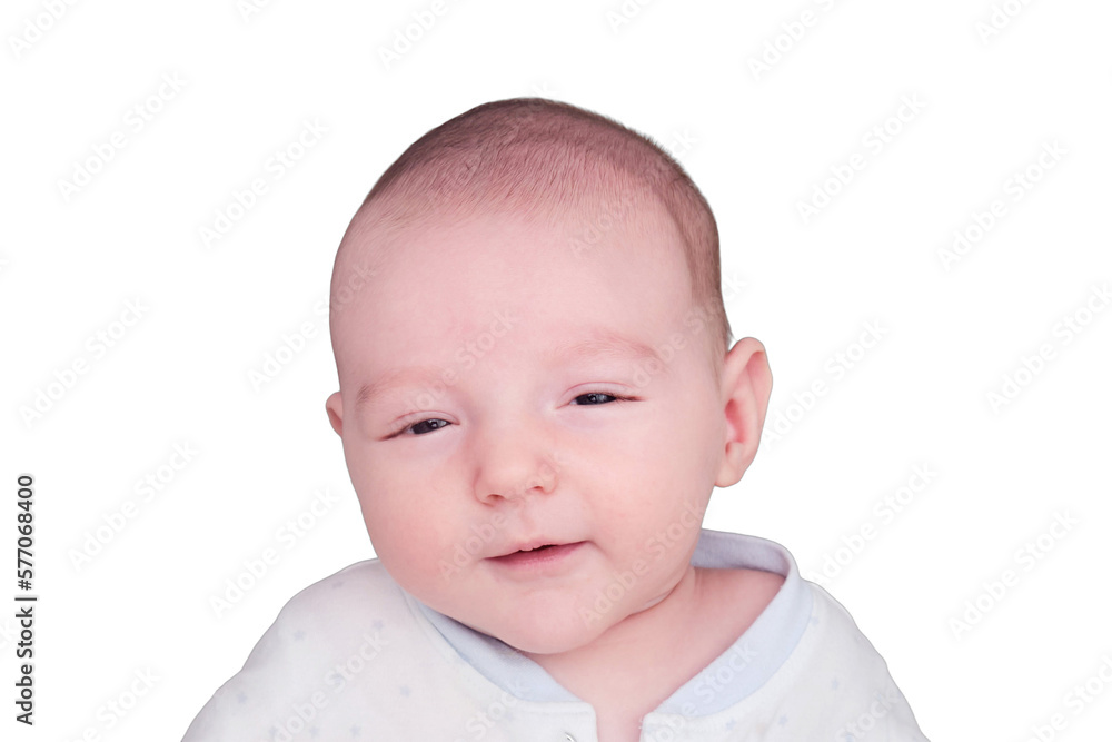 Smiling infant baby boy, isolated on a white background. Happy child. Kid aged two months