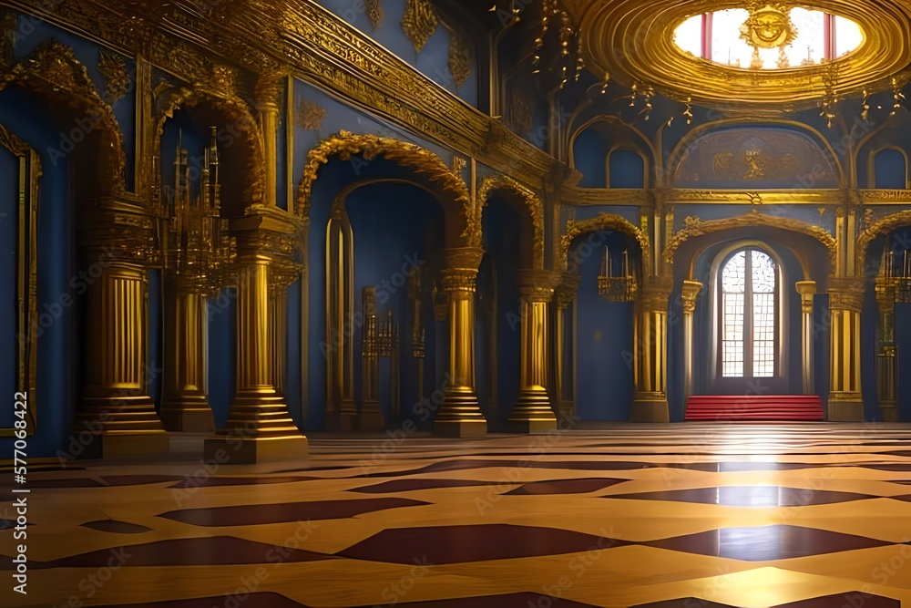 Oil Paint of A realistic fantasy interior of the royal palace. golden red palace. castle interior. Fiction Backdrop. concept art. Generative AI