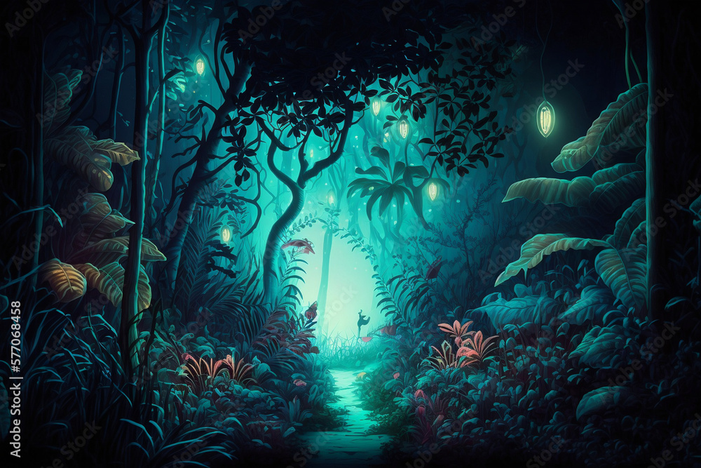 Fantasy tropical forest at night, Enchanted forest at night with glowing lights, Generative AI