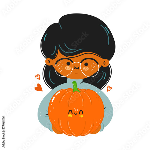 Young cute funny girl hold pumpkin in hand. Girl hugs cute pumpkin. Vector hand drawn doodle style cartoon character illustration icon design. Isolated on white background
