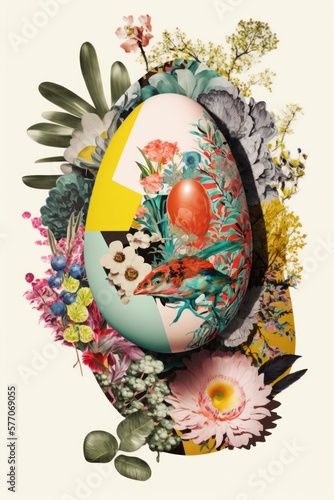 Easter creative retro, contemporary abstract pop art collage style of colorful, vivid eggs, rabbit and spring elements and traditional symbols background. Generative AI.