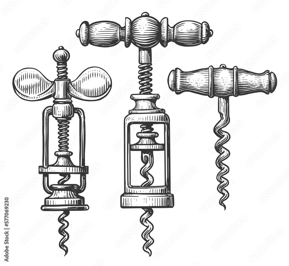 Hand drawn corkscrew in engraving style. Vintage style. Sketch illustration - obrazy, fototapety, plakaty 