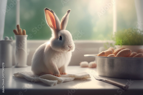 Cute Rabbit with Easter Holiday organic domestic food on table. Little Bunny for Spring Holiday in the white kitchen. Generative AI