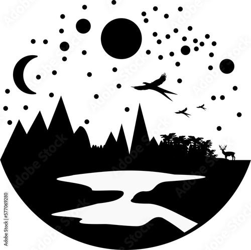 Abstrakte Natur Darstellung: See, Berge mit Tieren, Wald und Gestirnen am Himmel