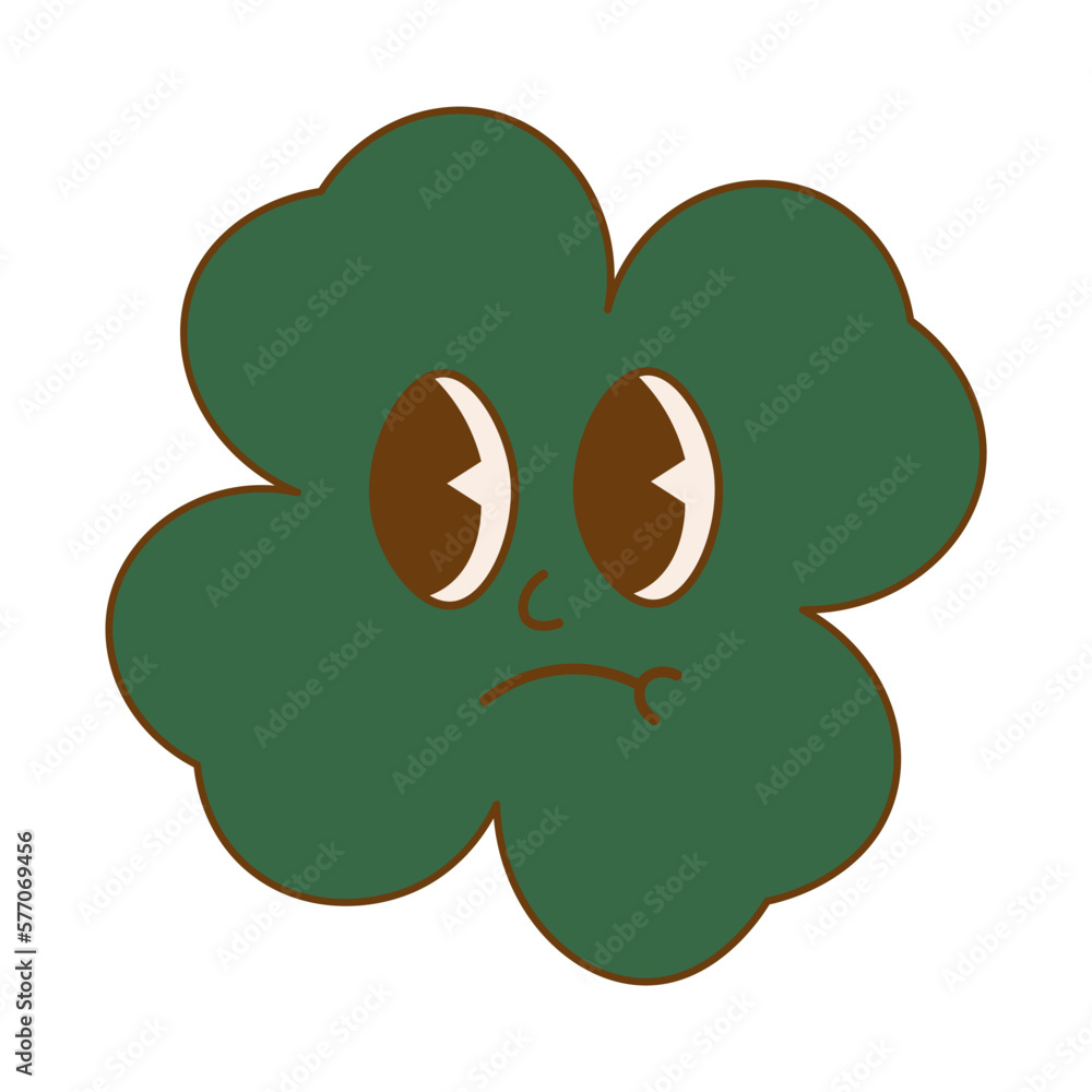 Trendy retro cartoon character clover with four leaf. Happy Saint Patrick's Day. Groovy style, vintage, 70s 60s aesthetics Trendy retro cartoon character clover with four leaf. Happy Saint Patrick's Day. Groovy style, vintage, 70s 60s aesthetics