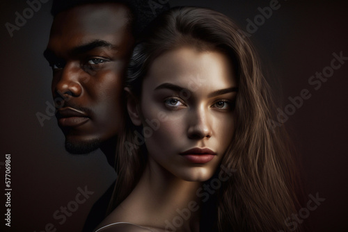 Beautiful woman lean on a man, black background. Generative AI