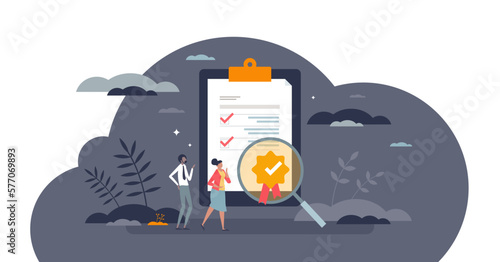 Product quality control and standard inspection approval tiny person concept, transparent background. Guarantee good service satisfaction for customer with certificate award illustration.