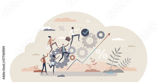 Productive business development with effective team tiny person concept, transparent background. Company process optimization for high work efficiency and successful growth illustration.