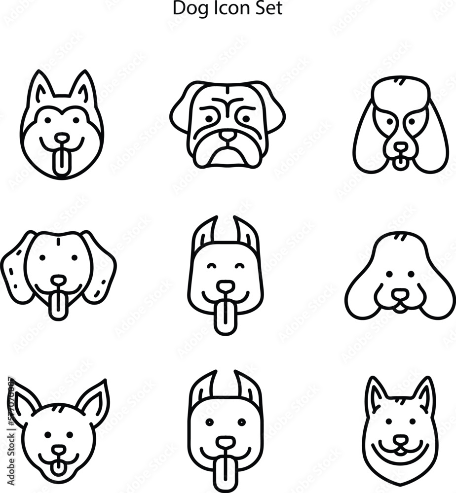 Dog faces emotion cartoon outline character set. Smiling funny childish doggy pet, baby comic flat sticker. Cute puppy kawaii head muzzle doodle line icon. 