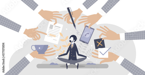 Stress resilience as business leader confidence and calm attitude tiny person concept, transparent background. Patience and persistence in stressful situation with work overload illustration.