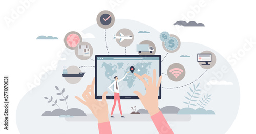 Supply chain technology to manage logistic process online tiny person concept, transparent background. Modern SCM system control and management using digital solutions illustration.