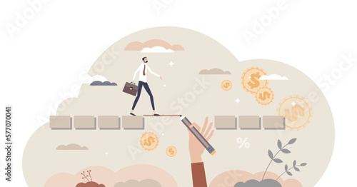 Supporting future career and business goal problems support tiny person concept, transparent background.Help with financial gap and overcome economical crisis illustration.