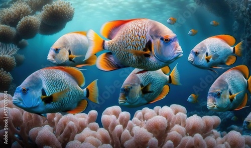  a group of fish swimming over a coral covered ocean floor. generative ai
